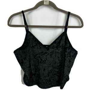 Tulleus Crushed Velvet Cropped Tank Top Cami Spaghetti Strap Solid Black Woman L